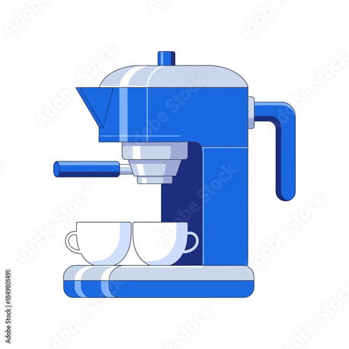 Simple modern blue coffee maker with two cups on a matching tray in a minimalistic style