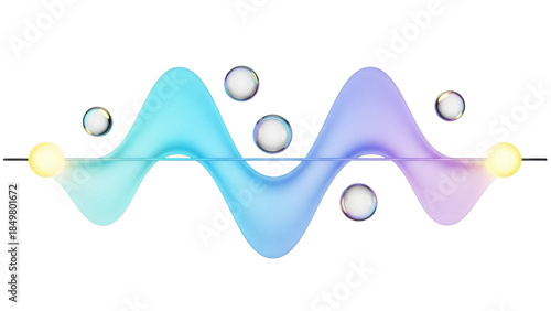 Fotografie Isolated 3D graphic with sine waves, spheres, and transparent orb bubbles abstra