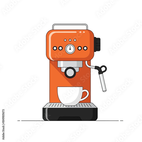 Modern compact orange espresso machine with black knob and portafilter for coffee brewing on white