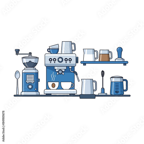 Minimalist Illustration of Modern Coffee and Tea Making Station with Accessories and Equipment