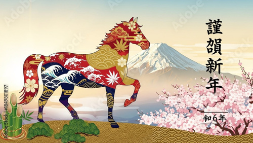 Vibrant Japanese Horse Illustration, Mount Fuji Background, Cherry Blossoms, Traditional Patterns, Cultural Symbolism