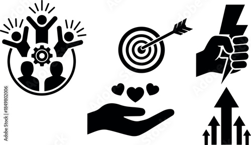 Black solid icons of target with arrow hand holding hearts teamwork growth success energy power