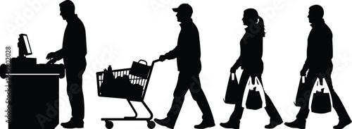 Black Supermarket Shopping Silhouette Vector Set Featuring Customers with Carts Bags and Cashier for Retail Grocery Store Consumer and Commercial Designs