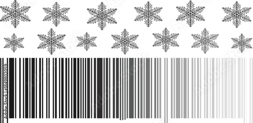 Black Snowflake Icon Set and Abstract Gradient Barcode Vector Illustration for Winter Season Retail Sales Holiday Logistics and Christmas Commercial Promotions