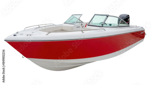 Foto Isolated motorboat angling on water, a recreational vessel with red accent for f
