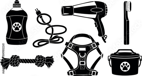 Black silhouette pet grooming tools set with shampoo bottle leash hairdryer harness and toothbrush accessories