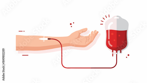Vector illustration of blood donation featuring an arm connected to a collection bag, symbolizing medical care, community altruism, and life-saving contributions