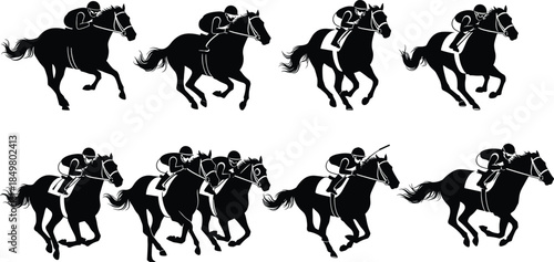 Horse racing silhouettes, jockey riding horse, equestrian sport vector, galloping horse poses, dynamic motion, black silhouette, race competition art