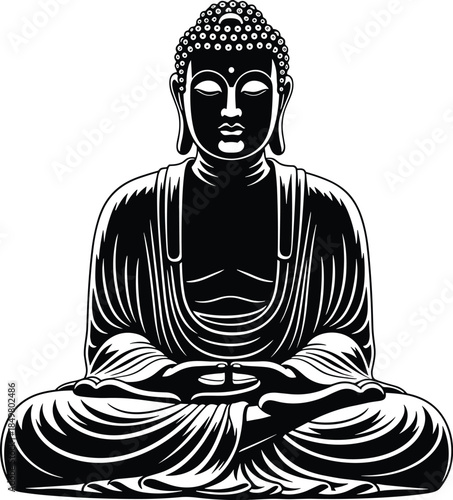 Meditating Buddha Statue Vector Illustration, Black and White Zen Silhouette Graphic, Spiritual Yoga Art for Mindful Wellness and Eastern Religious Decor.