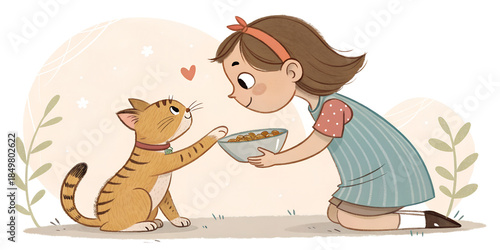 Little girl carefully feeding a cat from her hand. Tender and educational moment showing kindness, care, and responsibility toward animals.
