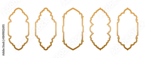 Gold Islamic window shape. Arabic golden arch, Ramadan Kareem frames. Muslim mosque silhouette of Moroccan border, portal. Eid Mubarak oriental mirror set. Arabian architecture elements of door gate