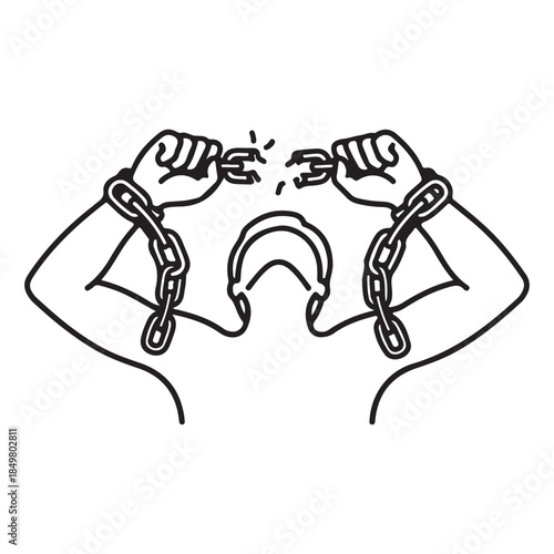 Minimalist Black Line Art Illustration of Hands Breaking Chains, Symbolizing Freedom