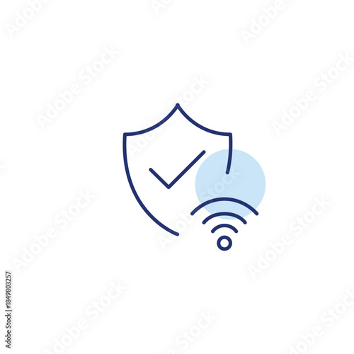 Shield with checkmark and wi-fi symbol. Cybersecurity, protected internet connection. Pixel perfect, editable stroke vector icon