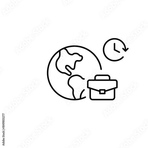 Earth, briefcase and clock. Travel and work trips schedules. Pixel perfect, editable stroke vector icon