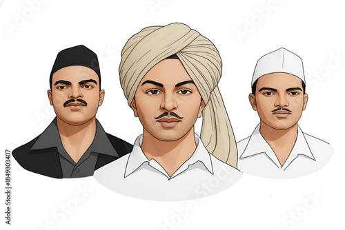 Bhagat Singh Sukhdev Rajguru Indian freedom fighters patriotic illustration symbolizing republic day independence day revolutionary heroes army sacrifice shahid divas national pride unity courage