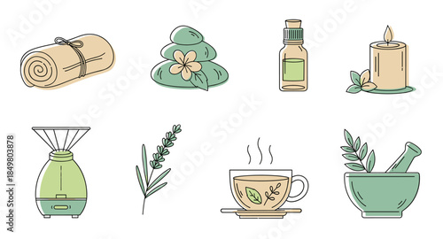 Spa and wellness clipart: towel, candle, oil, diffuser, stones, herbs, flower, salt, leaves.