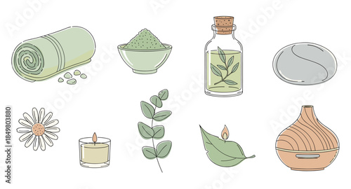 Spa and wellness clipart: towel, candle, oil, diffuser, stones, herbs, flower, salt, leaves.