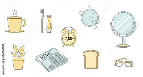 Morning routine clipart: coffee, alarm clock, mirror, toothbrush, toast, glasses, newspaper.