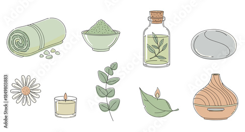 Spa and wellness clipart: towel, candle, oil, diffuser, stones, herbs, flower, salt, leaves.