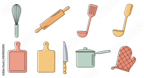Colorful kitchen utensil set: whisk, knife, cutting boards, pot, spatula, mitten, ladle.