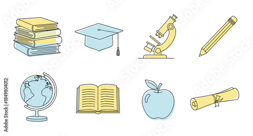 Education icons: books, graduation cap, pencil, microscope, globe, diploma, apple, and open book.