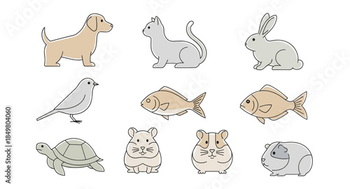 Cute pet icons: dog, cat, rabbit, hamster, guinea pig, bird, turtle, and aquarium fish.