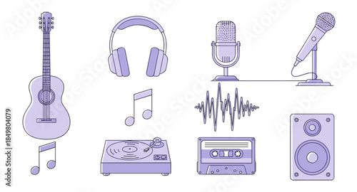 Music-themed icons in purple: notes, headphones, microphone, drum, vinyl, speaker, and waveform.