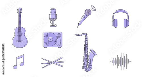 Music-themed icons in purple: notes, headphones, microphone, drum, vinyl, speaker, and waveform.