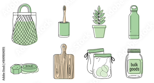Eco-friendly lifestyle icons: tote bag, bamboo toothbrush, solar panel, solid shampoo, plant, jar.