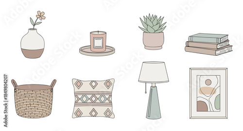 Neutral boho home decor set: pillows, candles, books, lamp, wall art, vase, and cozy details.
