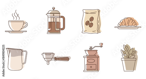 Cozy coffee time illustration set: cups, grinder, beans, croissant, books, and brewing tools.