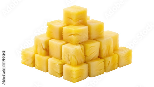 Isolated cubes of yellow pineapple arranged as a stack, healthy snack for summertime treat