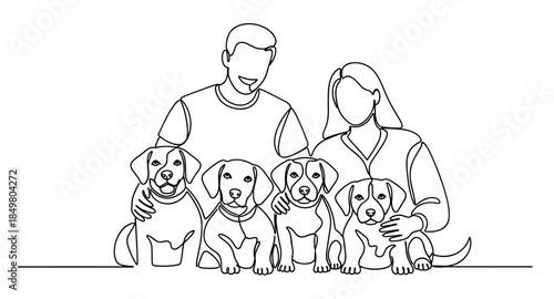 One line drawing of a couple with puppies. Minimalist family and pet love illustration.