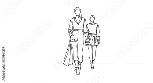 One line drawing of two fashion models walking on runway. Minimalist fashion illustration.