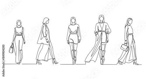 One line drawing of two fashion models walking on runway. Minimalist fashion illustration.