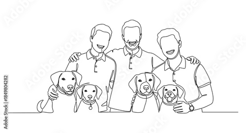 One line drawing of a couple with puppies. Minimalist family and pet love illustration.