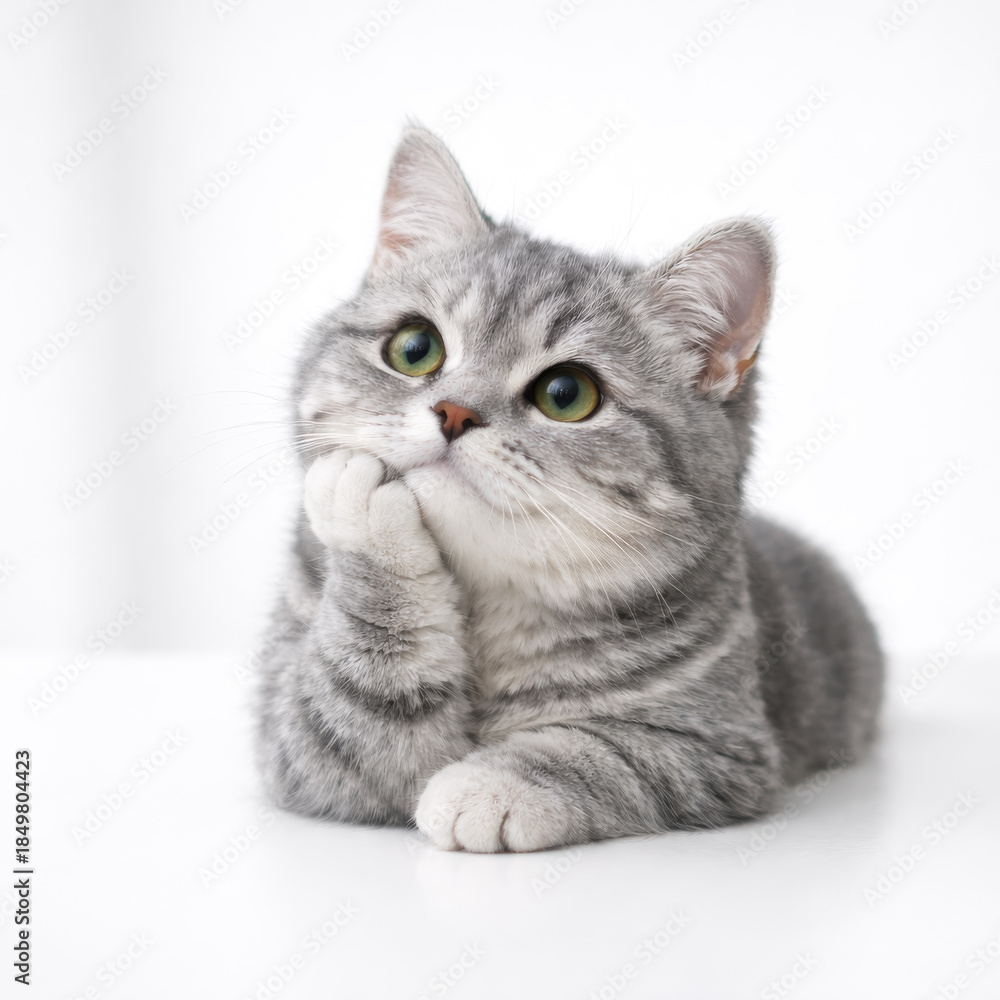 Obraz premium Cute Cat with Different Colored odd Eyes Thinking pose on White Background