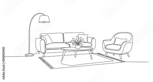 One line drawing of cozy living room interior with sofa, lamp, table, and plant. Minimalist style.