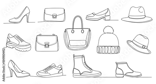 One line drawing of fashion accessories: shoes, bags, hats. Minimalist fashion illustration.