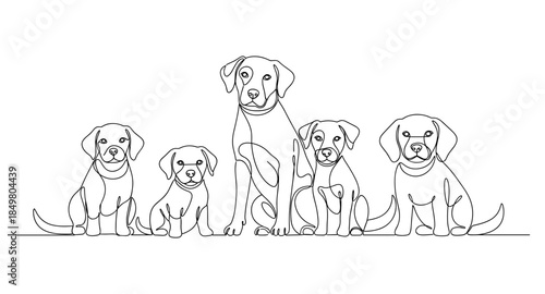 One line drawing of five dogs sitting. Minimalist continuous line dog illustration in black and white.