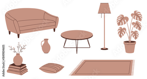 Flat interior icons with sofa, coffee table, lamp, rug, pillow, plant, vase, jug, and decor books.