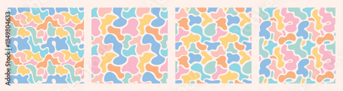 Soft pastel seamless pattern with abstract organic shapes in pink blue yellow green on beige. Trendy aesthetic background for wallpaper textile wrapping paper decor. Stylish modern texture