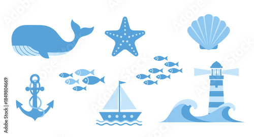 Flat nautical icons with whale, fish, boat, anchor, lighthouse, starfish, shell, waves.