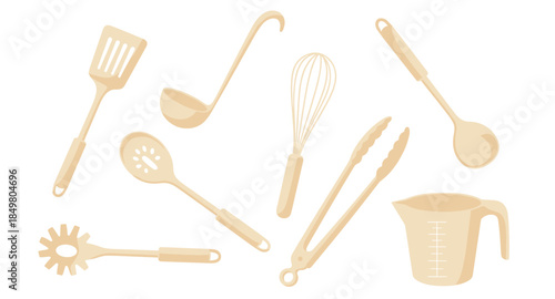 Flat kitchen utensil icons with spatula, ladle, whisk, spoon, tongs, strainer, pasta tool, cup.