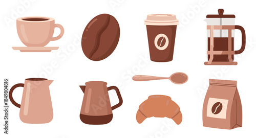 Coffee elements set including cups, pots, croissant, bean, and packaging. Flat icons