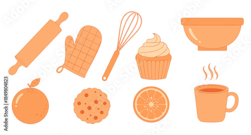 Flat baking icons with whisk, rolling pin, cupcake, cookie, gloves, bowl, orange, cup.