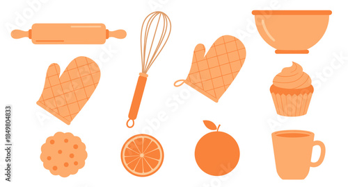 Flat baking icons with whisk, rolling pin, cupcake, cookie, gloves, bowl, orange, cup.