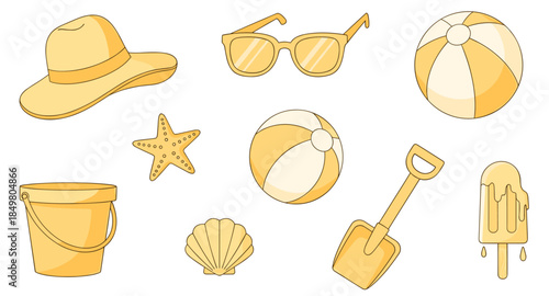Flat summer icons with hat, sunglasses, sun, ball, ice cream, flip-flops, bucket, shovel.