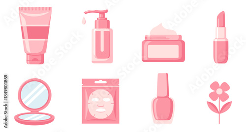 Flat beauty icons with cream, serum, lipstick, nail polish, mirror, mask, skincare, flower.