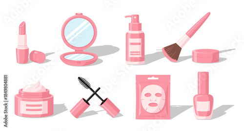 Flat beauty icons with cream, serum, lipstick, nail polish, mirror, mask, skincare, flower.